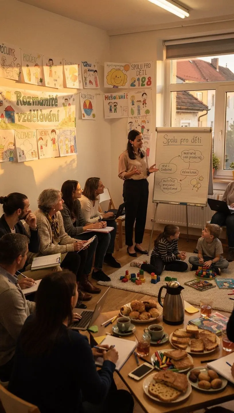 Rodiče se účastní školního setkání zaměřeného na zlepšení výuky.