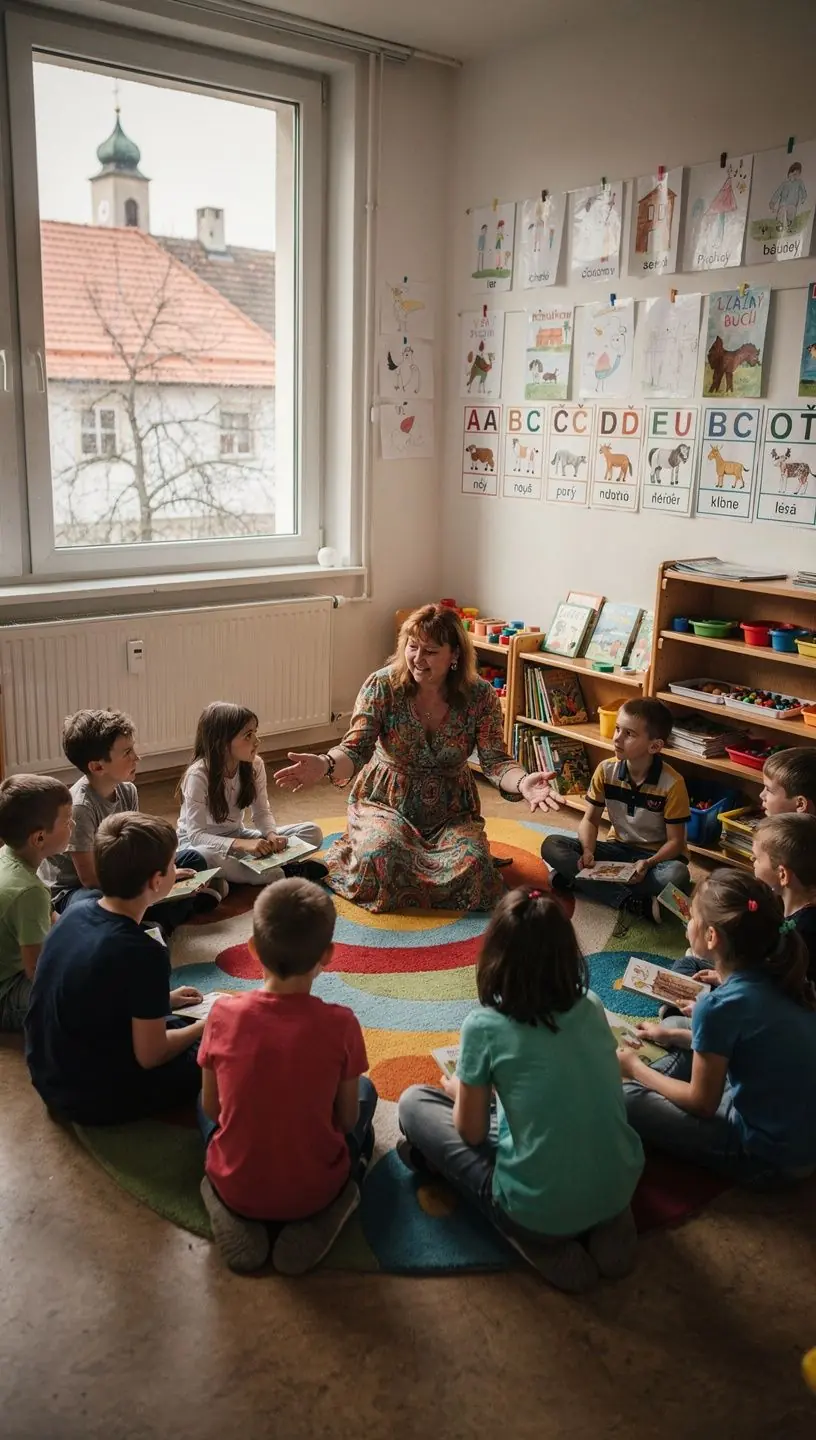 Výtvarná práce studentů vystavená na školní nástěnce.